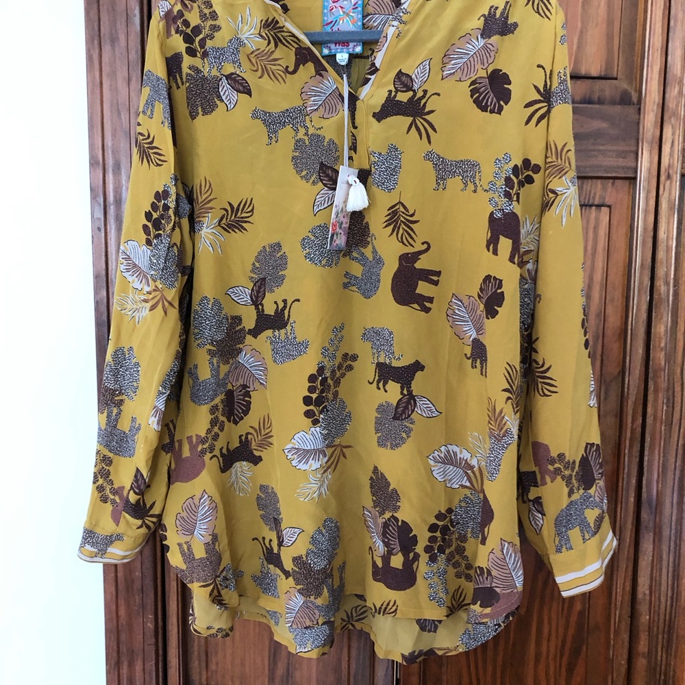 Johnny Was Mustard Printed V-Neck Tassel Long Sleeve Top